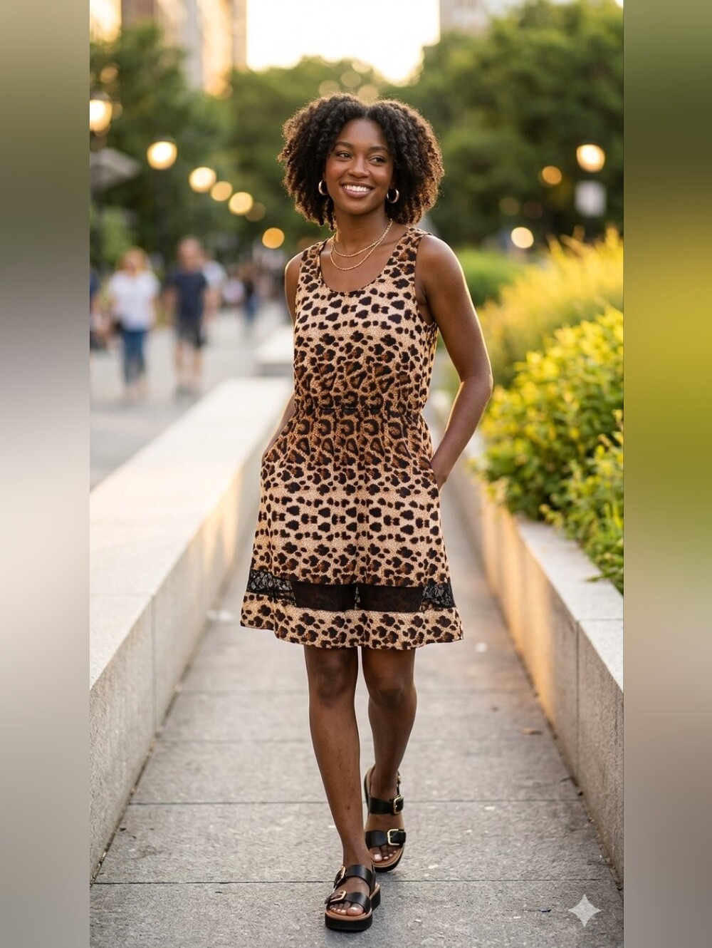 Leopard Print Sleeveless Dress with Lace Trim - Large